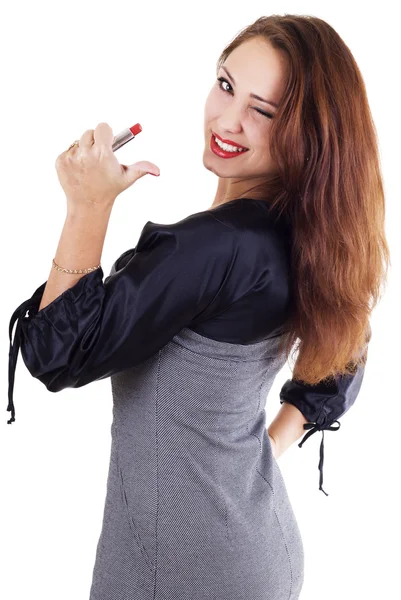 Smilling kobieta z czerwona szminka — Zdjęcie stockowe