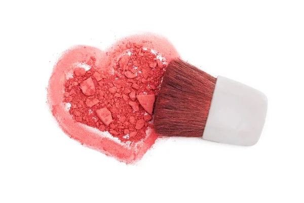 Pink blush with brush and heart isolated on white — Stock Photo, Image