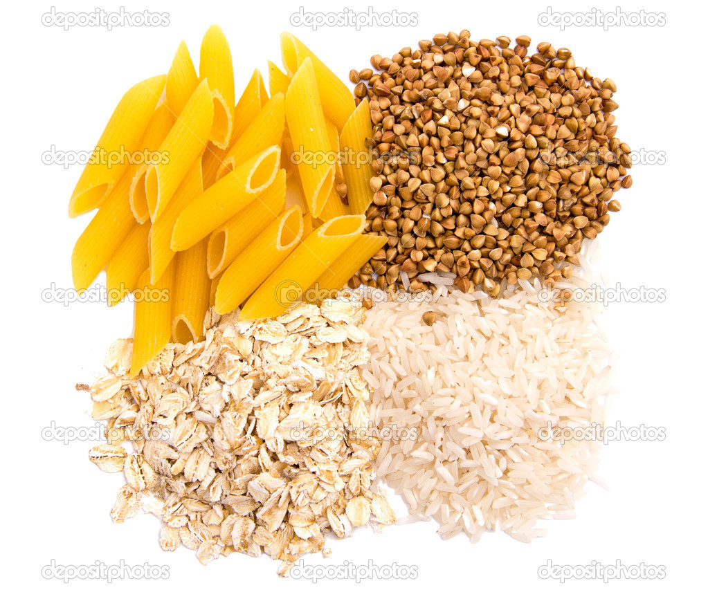 Macaroni, rice, buckwheat and oatmeal isolated on white