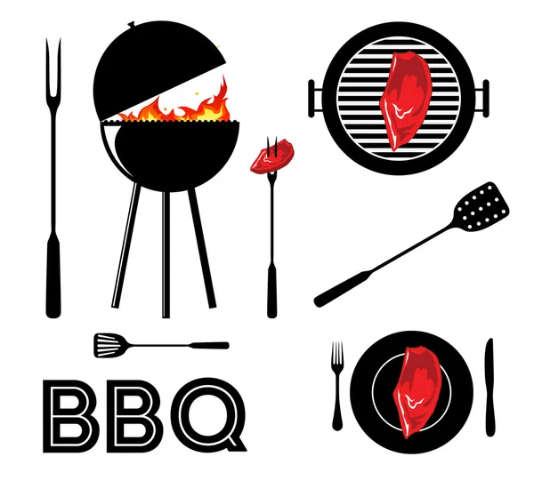 Vintage cartone animato barbecue set di strumenti per il barbecue — Vettoriale Stock