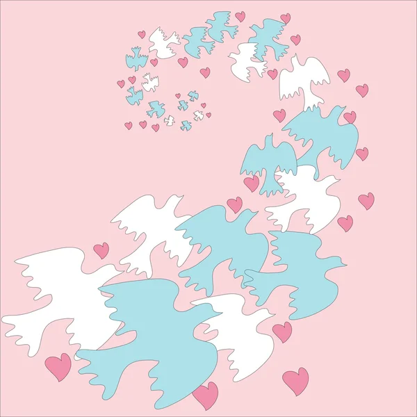 Colombes de troupeau avec des coeurs sur fond rose — Image vectorielle