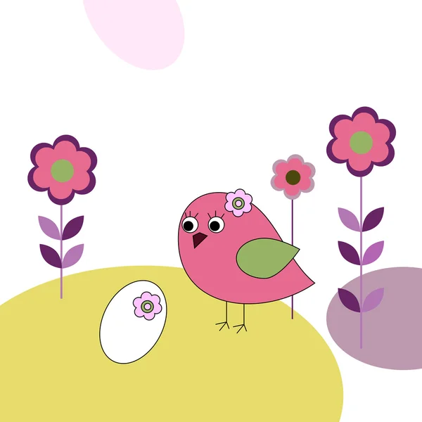 Pink bird with eggs and flowers — Stock Vector