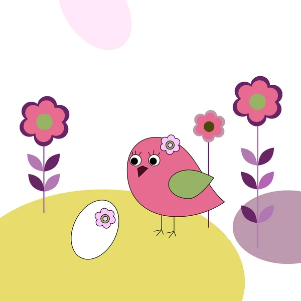 Pájaro rosa con huevos y flores — Vector de stock