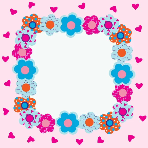 Frame of flowers with pink hearts — Stock Vector