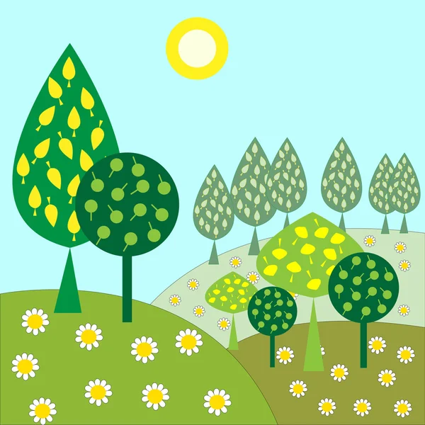 风景与树木和雏菊 — 图库矢量图片