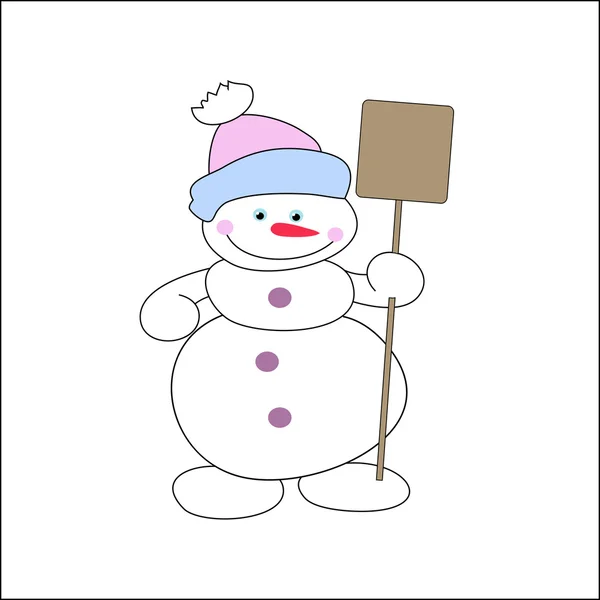 Cheerful snowman with shovel in hat — Stock Vector