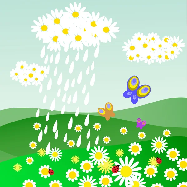 Cloud of daisies with rain — Stock Vector