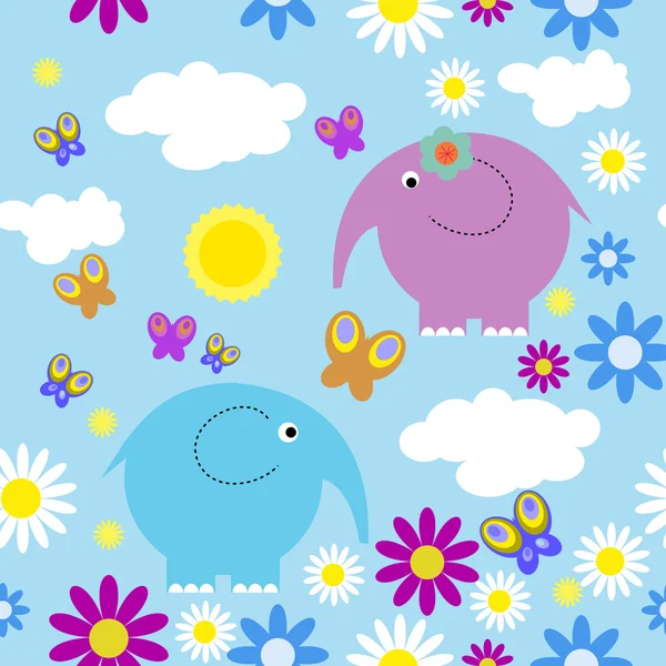 Seamless pattern with elephants and butterflies — Stok Vektör