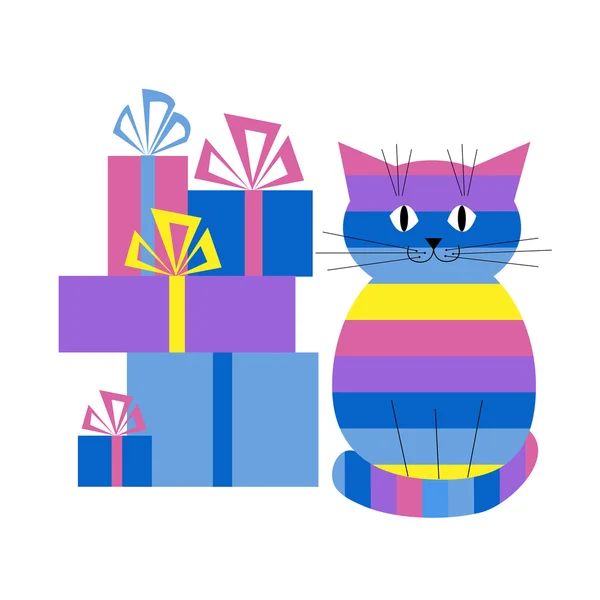 Card with a cat and gifts — Stock Vector