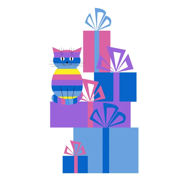 Carte de voeux avec chat et cadeaux — Image vectorielle