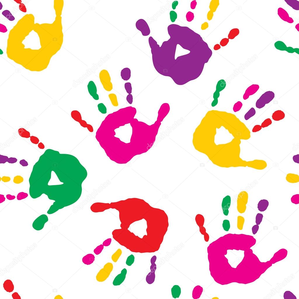 Colorful hand prints on white background