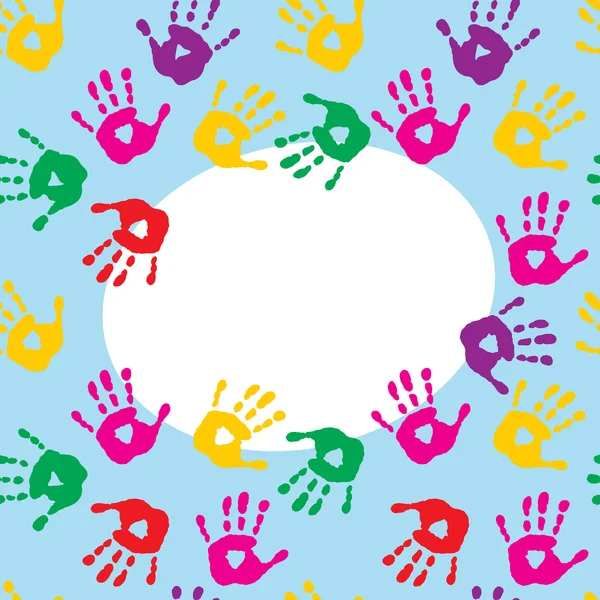 Πλαίσιο με τις ζωηρόχρωμες τυπωμένες ύλες των τα χέρια των παιδιών — Διανυσματικό Αρχείο