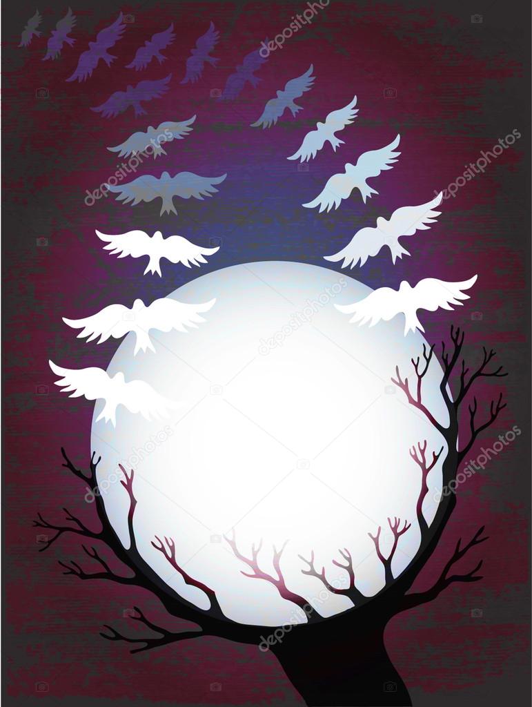 Vector full moon, tree and birds