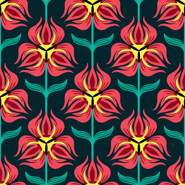 Red Tulip Pattern on dark background — Stock Vector