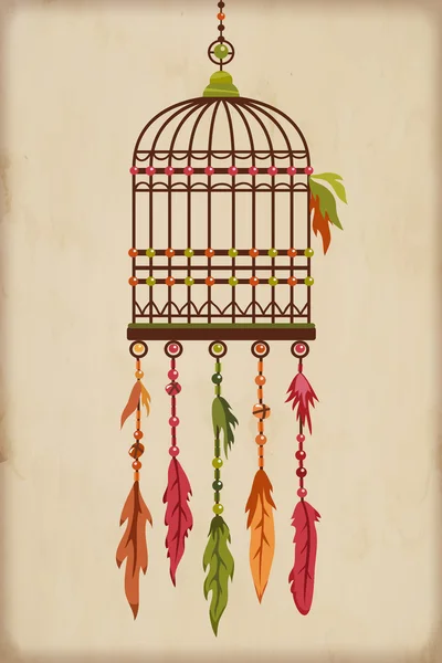 Винтажная птичья клетка с разноцветными перьями и бусами — стоковый вектор