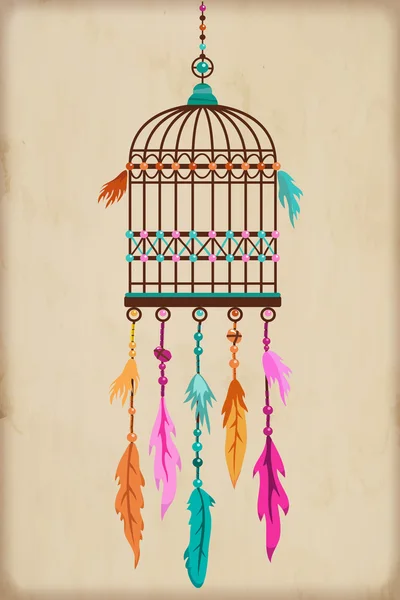 Vintage Bird Cage avec des plumes et des perles colorées — Image vectorielle