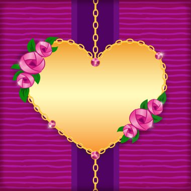 Greeting card with roses, golden heart and pink gems clipart