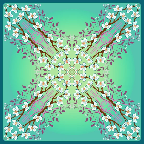 Ornement avec branches de fleurs de printemps sur fond bleu pastel — Image vectorielle