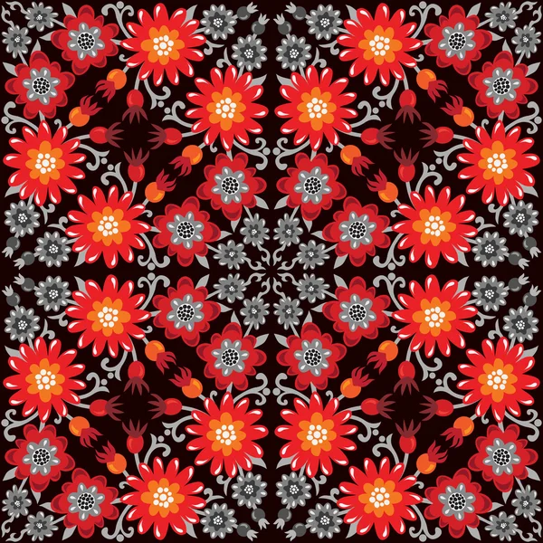 Red and Orange Flowers pattern on black background — Stock Vector