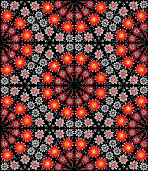 黒の背景に赤とオレンジの花のパターン — ストックベクタ
