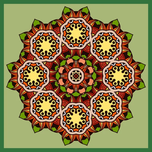 Adorno de círculo de encaje, patrón de tapete floral ornamental en verde — Vector de stock