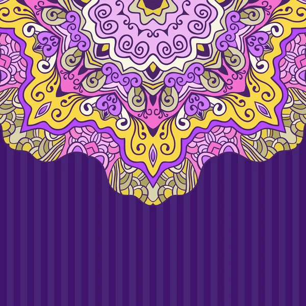 Cartão colorido com ornamento floral redondo em fundo violeta . Vetores De Bancos De Imagens Sem Royalties