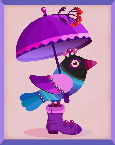 Pássaro colorido engraçado sob guarda-chuva violeta . — Vetor de Stock