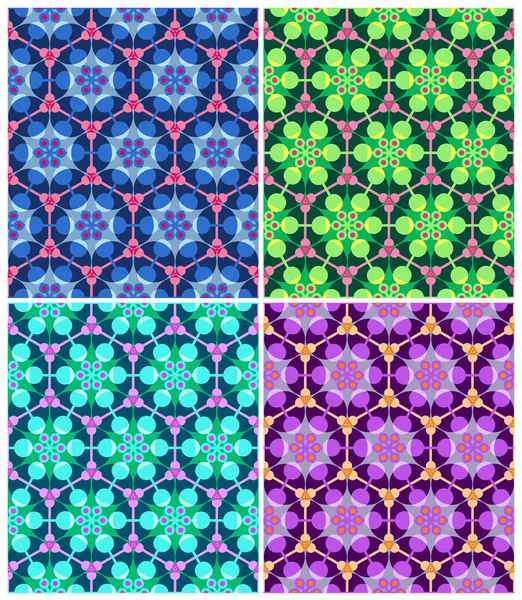 Ensemble de 4 motifs géométriques colorés et lumineux sans couture — Image vectorielle
