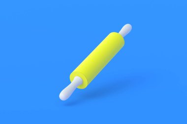 Mavi arka planda modern oklavalar. Mutfak malzemeleri. Mutfak aksesuarı. 3d hazırlayıcı