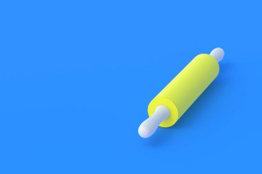 Mavi arka planda modern oklavalar. Mutfak malzemeleri. Mutfak aksesuarı. Uzayı kopyala 3d hazırlayıcı