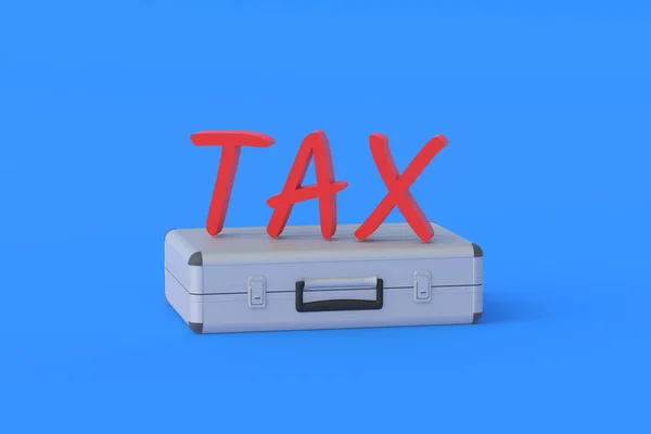 青い背景に金属のスーツケースの近くに単語税 支払いとルールの概念 支払い時間だ 報告期間 締め切りました 収入年間 税制改革 3Dレンダリング — ストック写真
