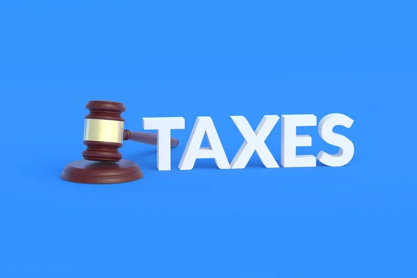 青色の背景に木製の裁判官ハンマーの近くの単語税 弁護士業務 支払回避のための責任と罰 税制改革の概念 3Dレンダリング — ストック写真