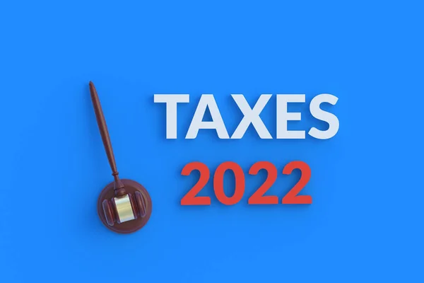 Impostos Palavra 2022 Perto Martelo Juiz Madeira Fundo Azul Serviços — Fotografia de Stock
