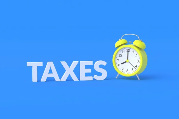 Impostos Palavra Perto Despertador Fundo Azul Conceito Pagar Imposto Tempo — Fotografia de Stock