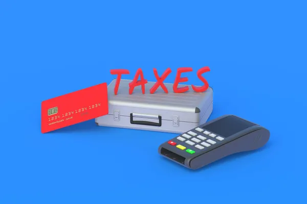 金属皮箱和收银机旁边的字税蓝色背景的塑料卡支付的概念和税收规则 付款时间 报告所述期间 年收入 税收改革 3D渲染 — 图库照片