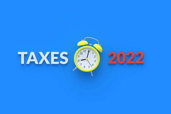 Word Taxes 2022 Alarm Clock Blue Background 纳税的概念 付款时间 报告所述期间 — 图库照片