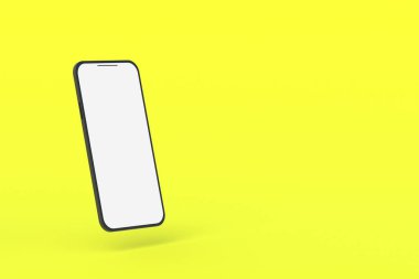 Sarı arka planda izole edilmiş beyaz ekranlı bir akıllı telefon. Uzayı kopyala 3d hazırlayıcı