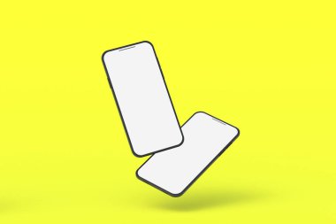 Sarı arka planda izole edilmiş beyaz ekranlı iki akıllı telefon. 3d hazırlayıcı