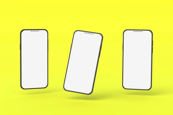Tres Smartphones Con Pantalla Blanca Aislada Sobre Fondo Amarillo Renderizar — Foto de Stock