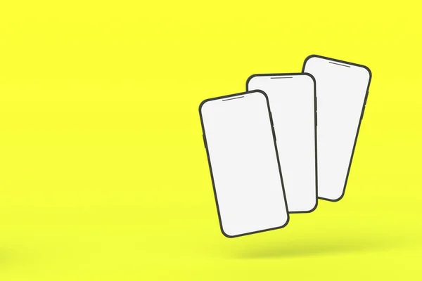 Три Смартфони Ізольованим Білим Екраном Жовтому Тлі Копіювати Простір Візуалізація — стокове фото