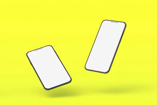 Dos Smartphones Con Pantalla Blanca Aislada Sobre Fondo Amarillo Renderizar —  Fotos de Stock