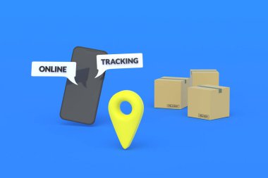 Karton kutuların yanında sözcüklerle çevrimiçi takip edilen akıllı telefon ve yer belirleme işareti, GPS. Paketin yerini ve kargo ve malların hareketini izliyoruz. Modern teknolojiler. 3d oluşturma