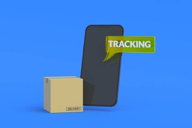 Karton kutunun yanında kelime takibi yapan cep telefonu. Paketin yerini ve kargo ve malların hareketini izliyoruz. Modern teknolojiler. 3d oluşturma
