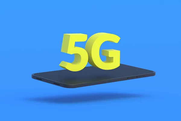 智能手机在蓝色背景的5G附近 高速广播 新移动技术 全球趋势 3D渲染 — 图库照片