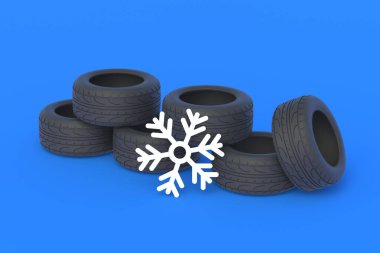 Kar tanesi yakınlarında bir yığın kış lastiği. Araba parçalarının değiştirilmesi, depolanması ve bakımı. Lastik montaj servisi. Kar trafiği güvenliği. Soğuk mevsim için yüksek, düşük kaliteli otomotiv detayları. 3d hazırlayıcı