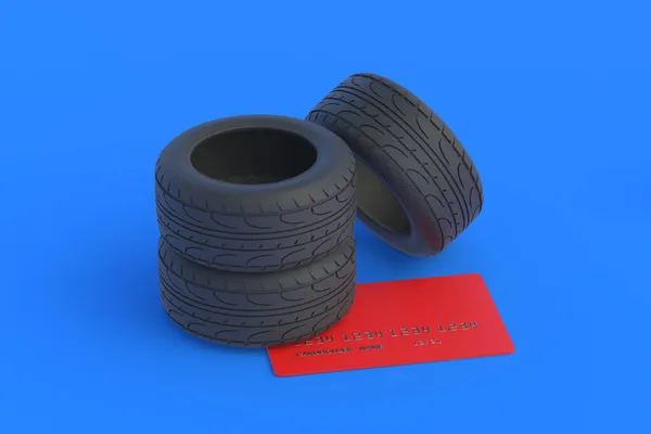 在信用卡附近累坏了更换汽车车轮的费用 汽车零部件的采购 支付轮胎装配费 3D渲染 — 图库照片