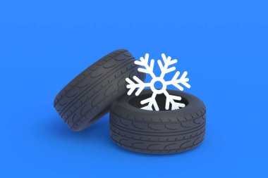 Kar tanesi yakınlarında kış lastikleri. Araba parçalarının değiştirilmesi, depolanması ve bakımı. Lastik montaj servisi. Kar trafiği güvenliği. Soğuk mevsim için yüksek, düşük kaliteli otomotiv detayları. 3d hazırlayıcı