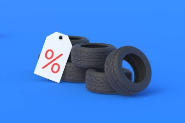 Etiketin yanında yüzde sembollü otomotiv lastikleri. Özel fiyat. Sıcak indirimler. Yüksek kaliteli araba parçaları satışı. Terfi, lastik montajı için fiyat indirimi. 3d hazırlayıcı