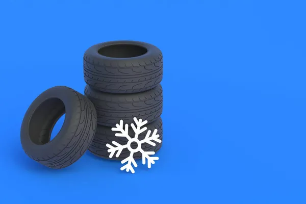 雪片附近的冬季轮胎 储存和维修汽车零部件 轮胎安装服务 雪地交通安全 为寒冷季节提供高质量 低质量的汽车细节 复制空间 3D渲染 — 图库照片