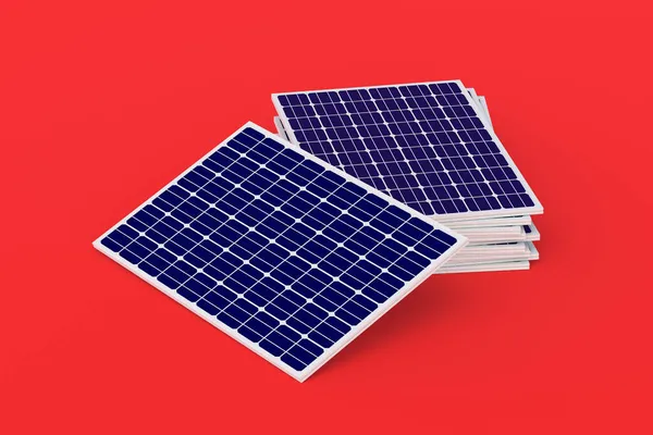 Mucchio Pannelli Solari Sfondo Rosso Tendenza Ecologica Globale Energia Verde — Foto Stock